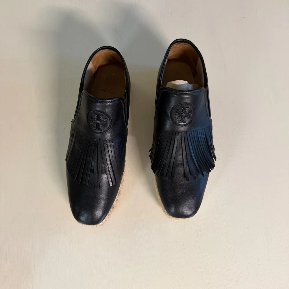 Tory Burch Black Leather Fringe Espadrille Loafers Size 8 Embroidered Logo Flats